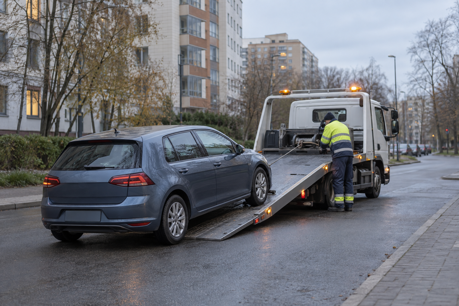 Погрузка легкового автомобиля на платформу эвакуатора